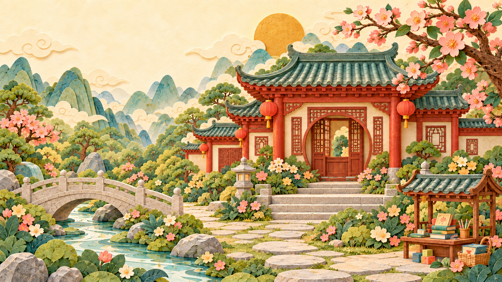 熊猫一家站在石桥上，熊猫老师和小兔学生在学堂台阶旁，小狐狸在书摊分享书和画笔。 / A panda family on the bridge, a panda teacher and rabbit student at school, and a fox sharing books.
