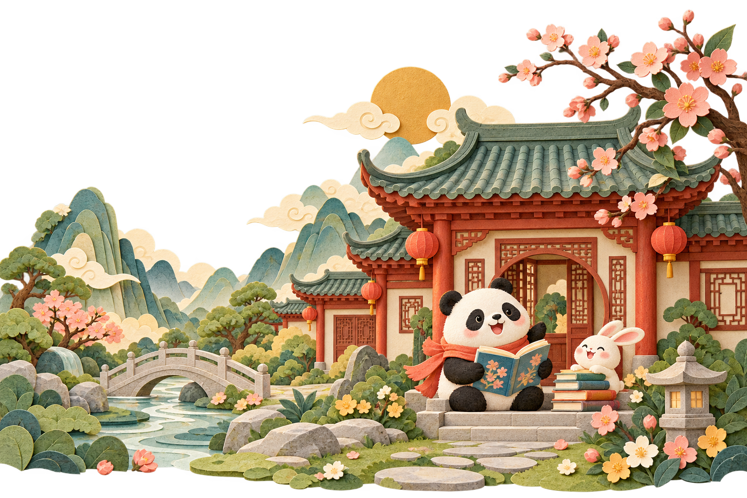 纸雕小学堂，小熊猫与小兔在灯笼和桃花间读书 / A paper-cut Chinese school, with a panda and rabbit reading among lanterns and blossoms
